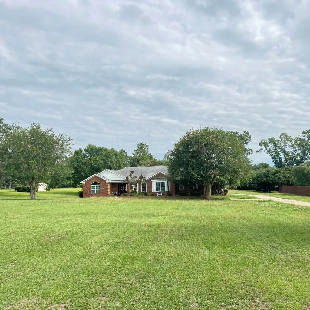 Overgrown, patchy front lawn at a brick ranch home before Mr. MowItAll service